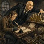 Ebeneezer (bearing an uncanny resemblance to Jeff Bezos) looms over poor Bob Cratchit, who slaves away at writing.